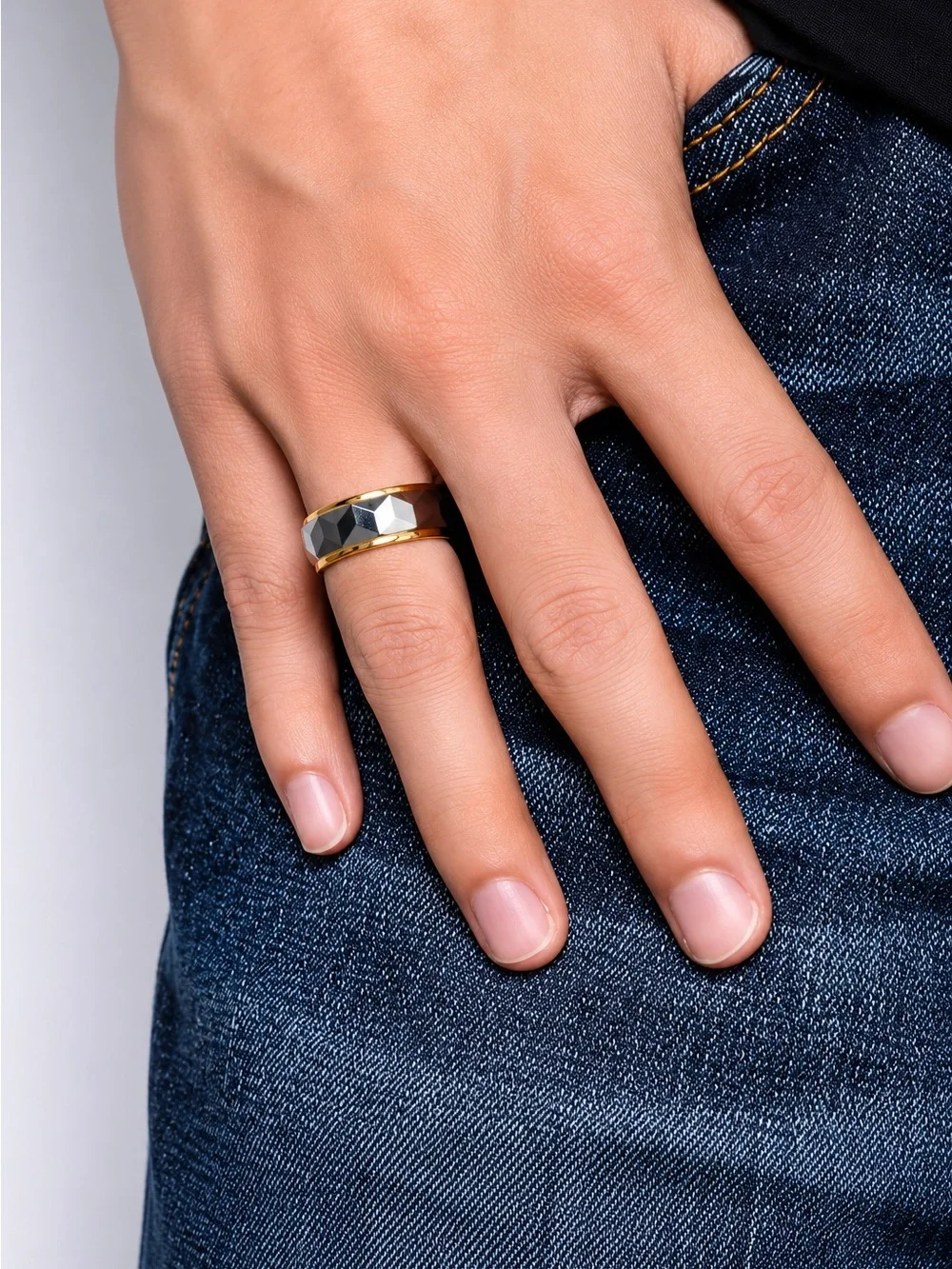 Wide Faceted Cut Geometric Tungsten Carbide Wedding Rings For Men